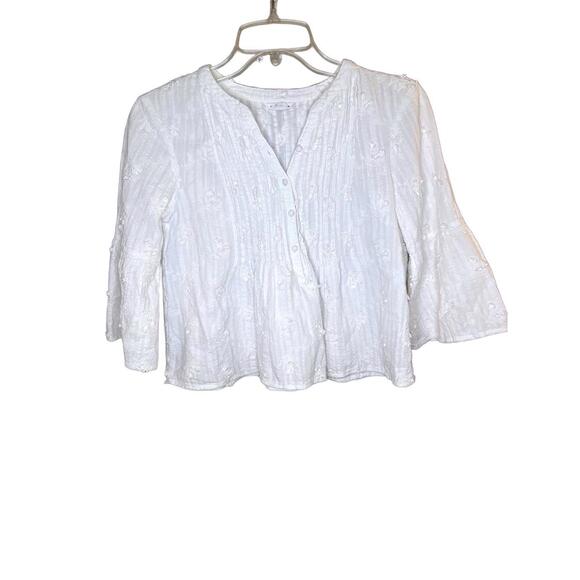 Club Monaco White Embroidered Cotton Blouse XS Boho Boxy Bell Sleeves - Picture 1 of 10